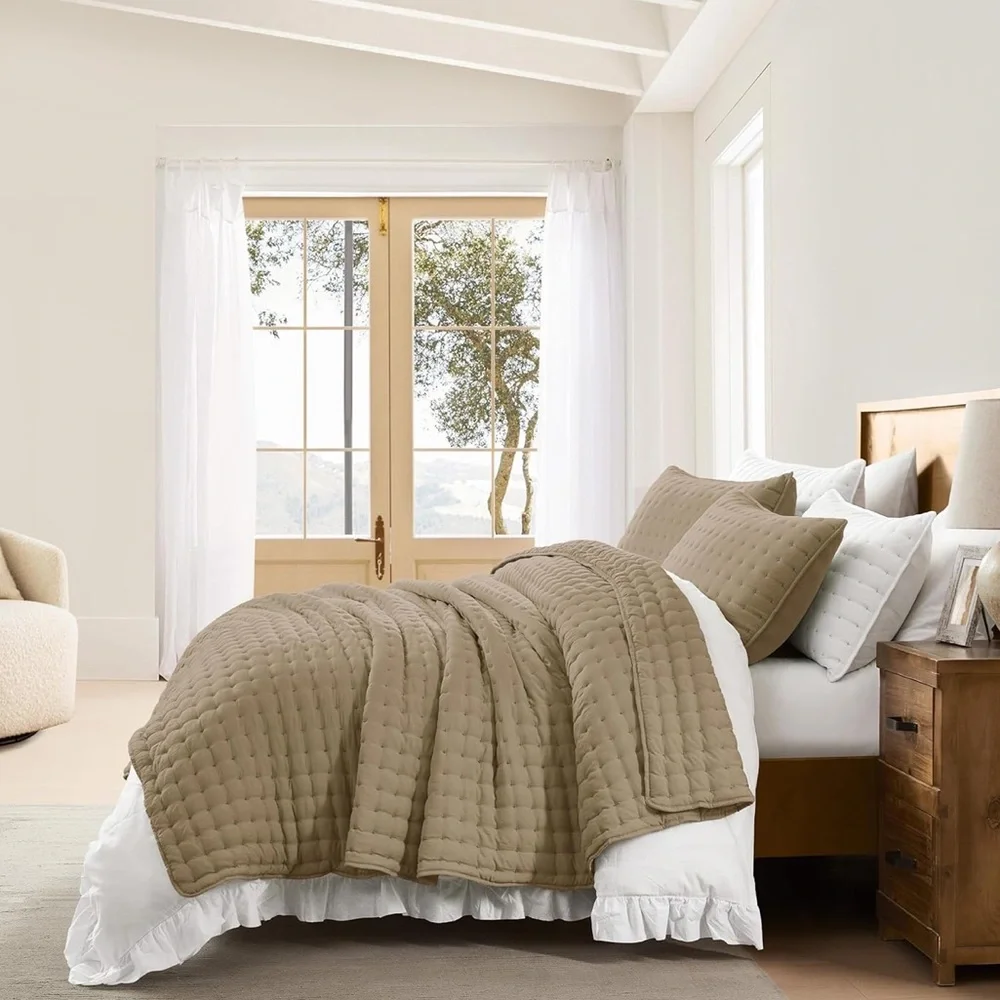 🆕 PB Style Queen Set Tan Latte Quilt Coverlet 3 Piece Pick Stitch Tufted Mocha